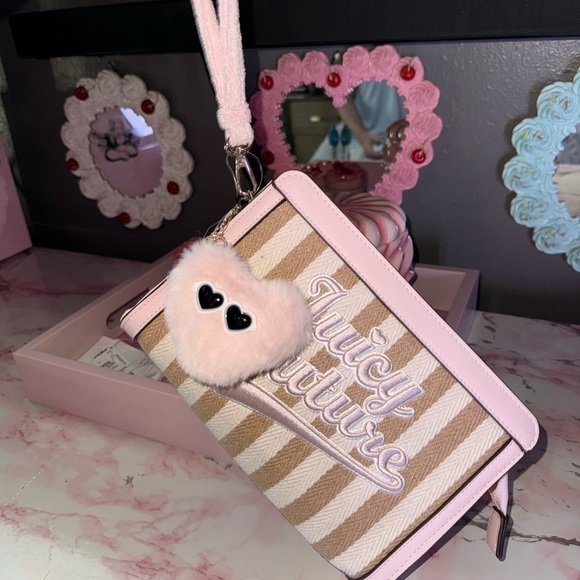 Juicy Couture Pink & Tan Striped Makeup Bag with Faux Fur Charm - Picture 5 of 7